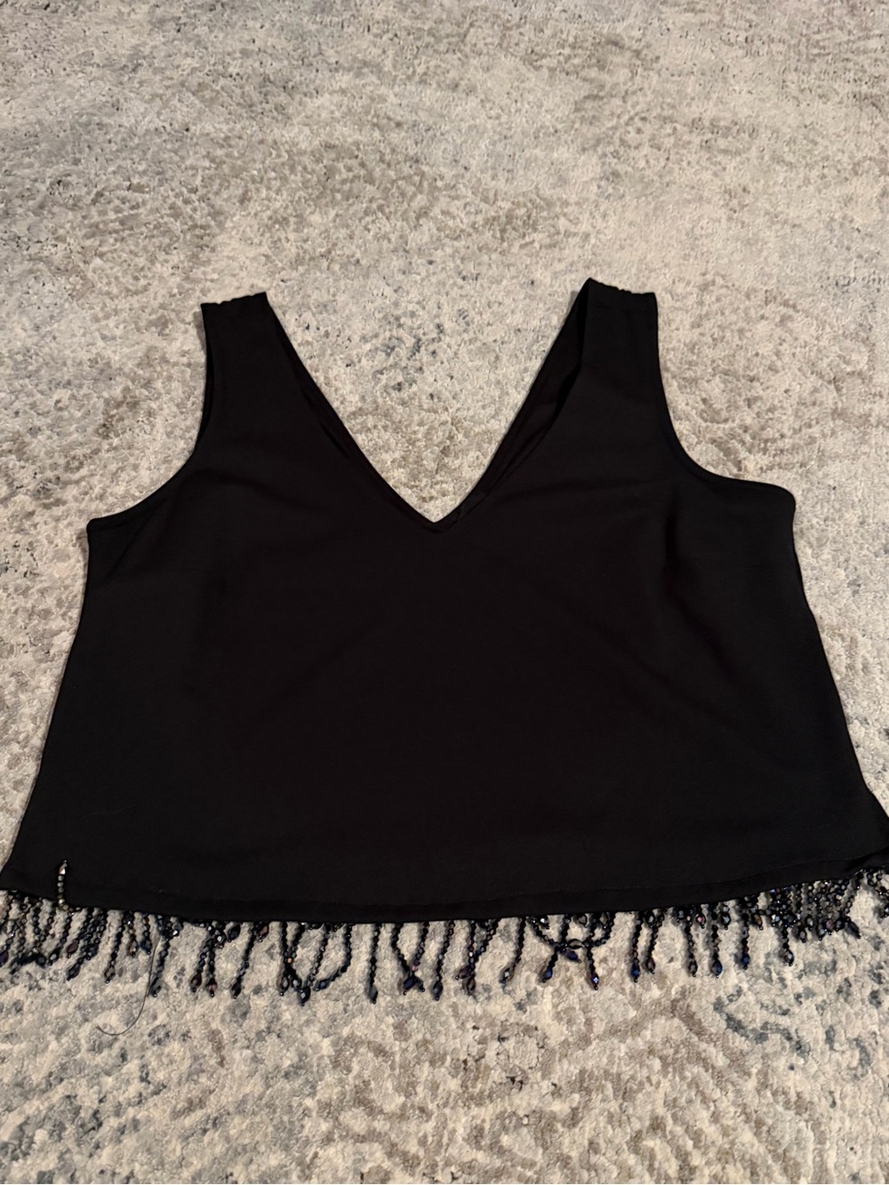 W5 Black V-Neck Beaded Fringe Crop Tank